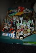 A box full of predominantly vintage haberdashery including vintage and antique cotton reels,