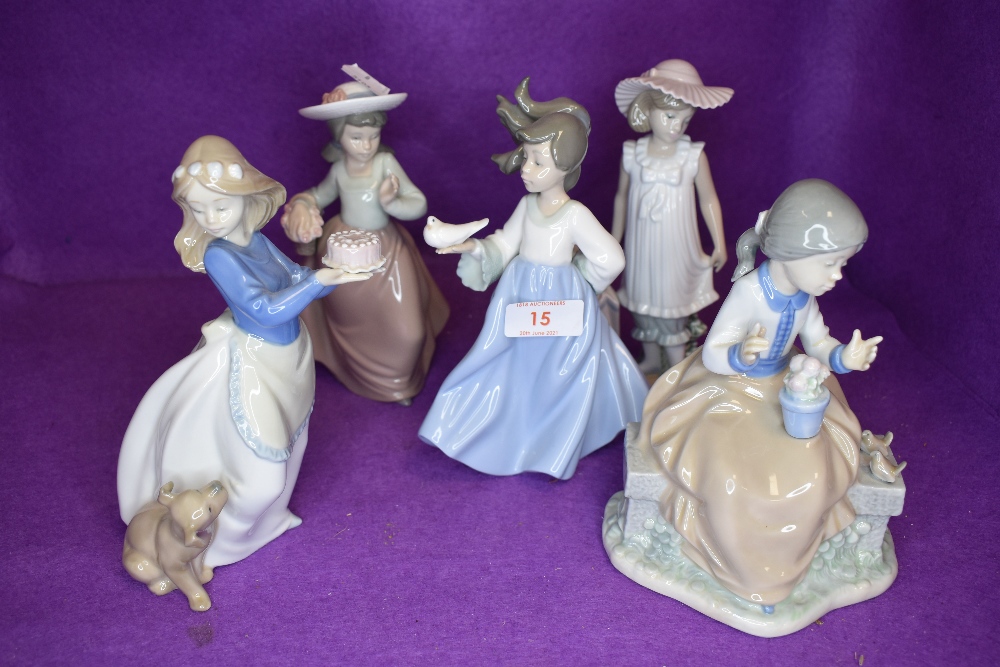 Five Nao figurines, Girl carrying Dove, Girl with Parasol, Girl carrying Cake, Girl carrying