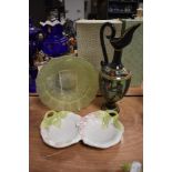A mixed lot of items including floral serving dish,green glass bowl and wooden ewer/vase.