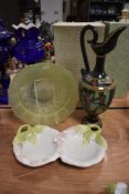 A mixed lot of items including floral serving dish,green glass bowl and wooden ewer/vase.