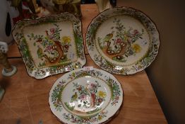 Four Spode plates having oriental florals and Peacock and hen pattern.