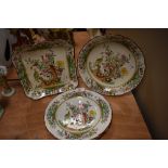 Four Spode plates having oriental florals and Peacock and hen pattern.