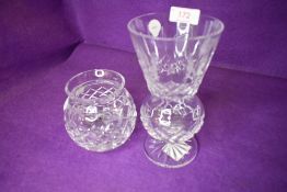 Two clear cut crystal glass vases by Waterford crystal a Marquis vase and similar tall stemmed