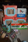Three boxes of vintage wooden dolly pegs,a box of Robin starch and a collection of retro sewing