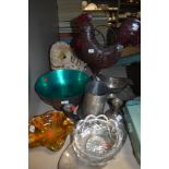 A mixed collection of glass,plated ware and similar,including candle sticks and bowls.