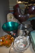 A mixed collection of glass,plated ware and similar,including candle sticks and bowls.