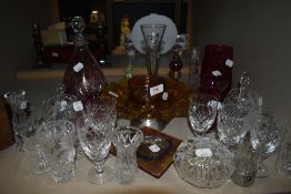 A good quantity of mixed glass including decanter,wine glasses,cut glass and more.