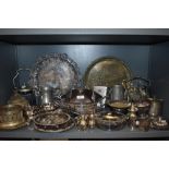 A selection of plated metal wares including trays and cruet sets