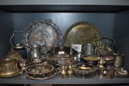 A selection of plated metal wares including trays and cruet sets