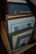 A selection of prints pictures and photo frames also embroidery