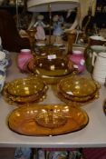 A selection of mixed vintage coloured glass, including dressing table set.