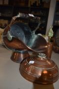 A copper coal scuttle,bed warmer and fire side brush.