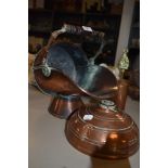 A copper coal scuttle,bed warmer and fire side brush.