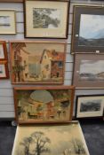 A selection of prints and original art work including water colour and mid century oak framed