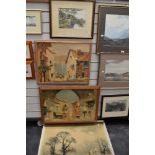 A selection of prints and original art work including water colour and mid century oak framed