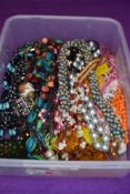 A box of costume jewellery necklaces, mainly of multi strand bead form