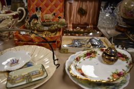 A selection of vintage flat ware and ceramics including cake plate,spoons and more.