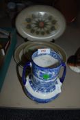 A selection of retro Langley plates,and a blue and white twin handles vase, stamped underside with