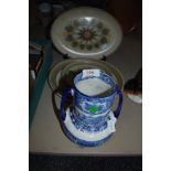 A selection of retro Langley plates,and a blue and white twin handles vase, stamped underside with