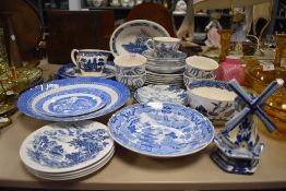 An assortment of blue and white ware including Wedgwood and Johnson Bros.