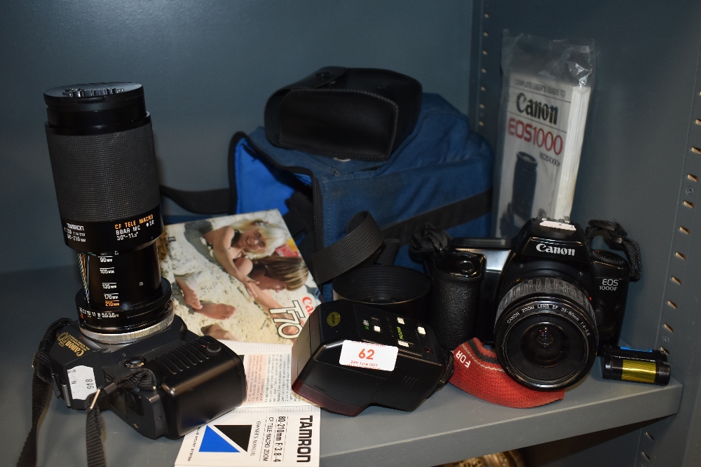 A selection of photography equipment and camera including Canon T70 and EOS 1000F