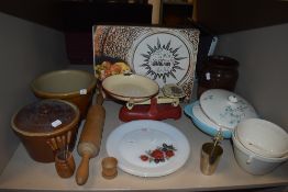 A selection of kitchen wares and similar baking items including crock pot tureen and rolling pin