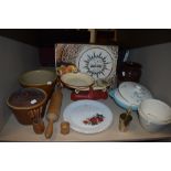 A selection of kitchen wares and similar baking items including crock pot tureen and rolling pin