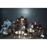 A selection of metal and plated wares including pewter mugs and oak biscuit barrel