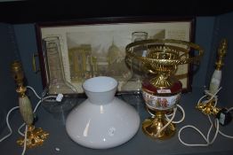 An assortment of lamps and shades and a vintage tray depicting The post office,St Pauls Cathedral