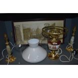 An assortment of lamps and shades and a vintage tray depicting The post office,St Pauls Cathedral