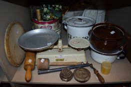 A mixed lot of vintage kitchenalia and similar including enamel flour container,tins, scales and