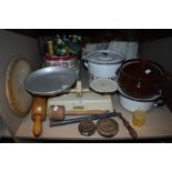 A mixed lot of vintage kitchenalia and similar including enamel flour container,tins, scales and