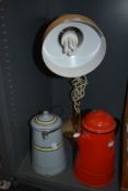 A mid century lamp and two enamel wares including banded dairy can