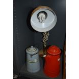 A mid century lamp and two enamel wares including banded dairy can