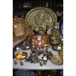 A mixe lot of vintage brass,copper and similar including picture hooks,horse brasses,candle sticks