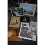 A mixed lot of original art works, wall hangings,photographs and similar.