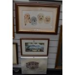 Three original art works including otter beach scene and dog pack