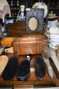 A selection of treen including tray,brushes, letter rack,boxes and more.