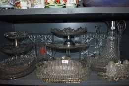 A collection of vintage pressed glass including cruet,dishes,decanter,tazza and more.