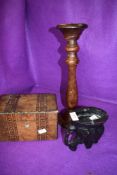 An antique inlayed tea caddy and two similar treen wood items