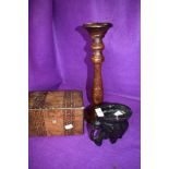 An antique inlayed tea caddy and two similar treen wood items