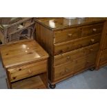 A modern pine bedroom chest of two over three drawers and a bedside unit