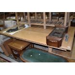 A large American oak extending dining table, possibly Ethan Allen, distressed finish