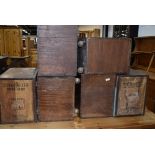 Six vintage wooden storage crates, including Texaco Kerosene and Motor spirit interest