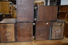 Six vintage wooden storage crates, including Texaco Kerosene and Motor spirit interest