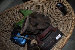 A selection of cast fitments and hardware including press and bottle jack