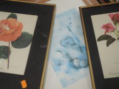 A print, still life, 30 x 23cm, plus frame and glazed, and two prints, roses, 26 x 10cm, plus