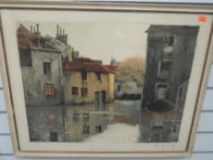 A print, after Henri Foundary, The Old Tanneries, number 99, signed, 54 x 68cm, plus frame and