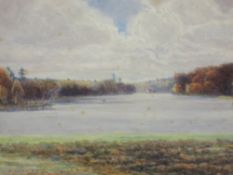 A watercolour, F Ogilby, lake landscape, indistinctly signed, and dated 1911, 25 x 37cm, plus