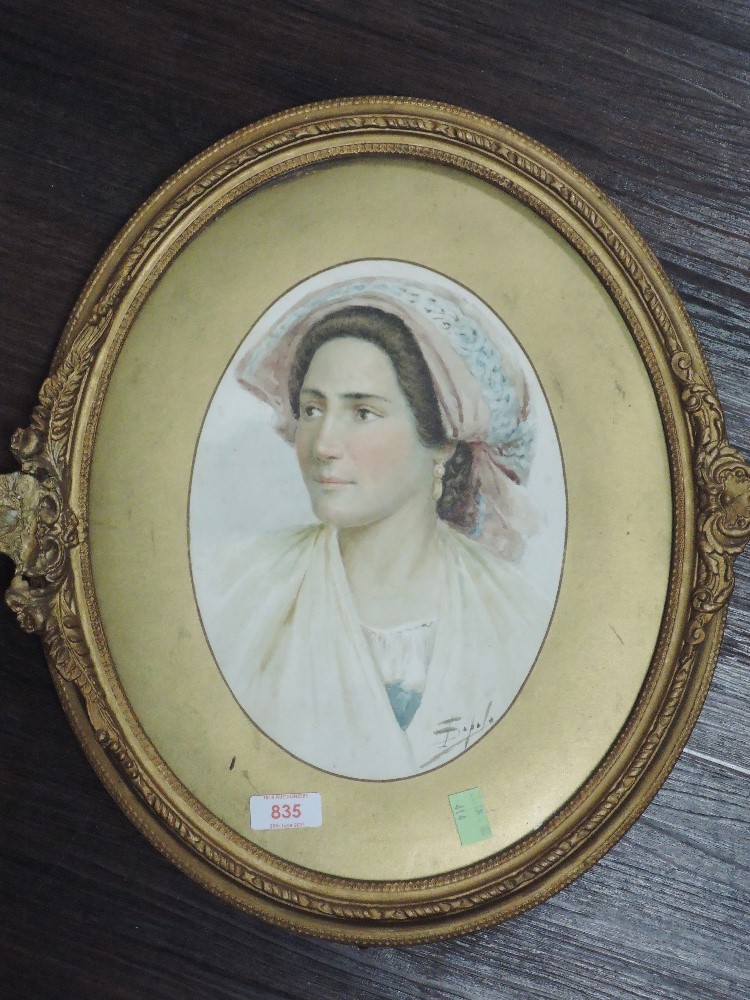 A watercolour, study of lady, oval, indistinctly signed, 26 x 20cm, plus frame and glazed